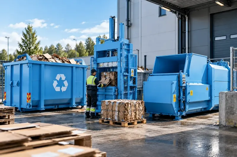 Ljusblå container, balpress och komprimator på en återvinningsanläggning där en medarbetare pressar kartong