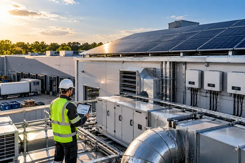 Tekniker med surfplatta granskar solpaneler och ventilationssystem på taket till en industrifastighet