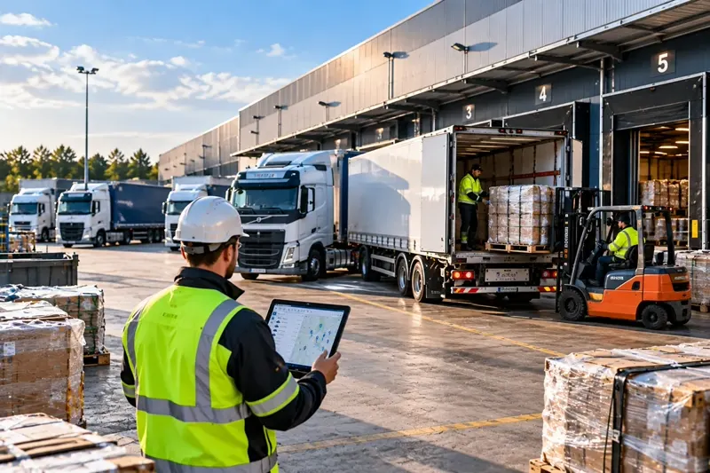 Logistikterminal med lastbilar och truck som lastar gods medan en person planerar transporter på en surfplatta
